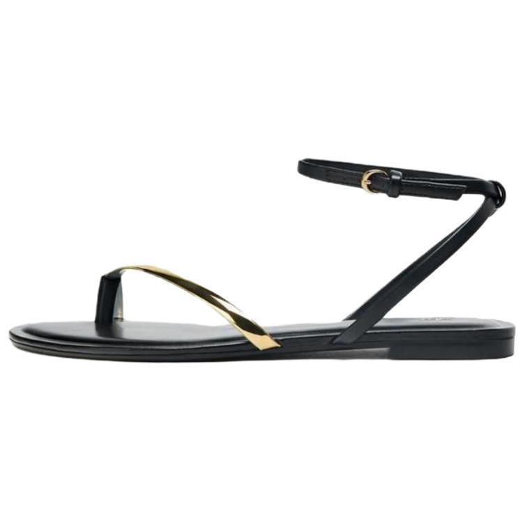 Zara Flat Metallic Strap Flip Flop Sandals Black Gold Women 1620610800 37