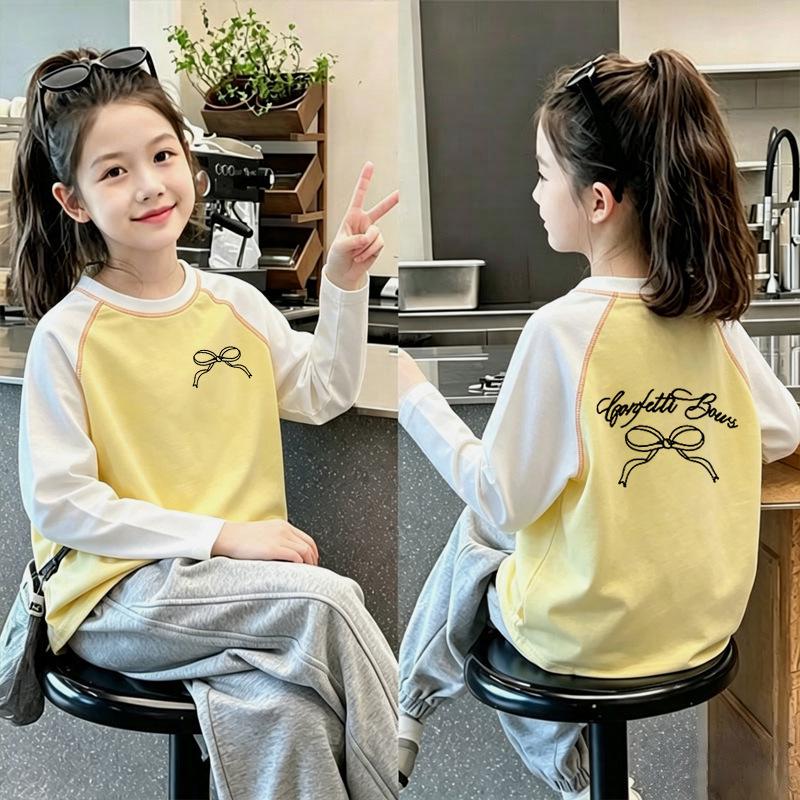 Korean Style Girls' Color Block Long Sleeve T-shirt, 2026 Spring/Autumn, Medium & Large Sizes, Casual Pure Cotton Base Layer