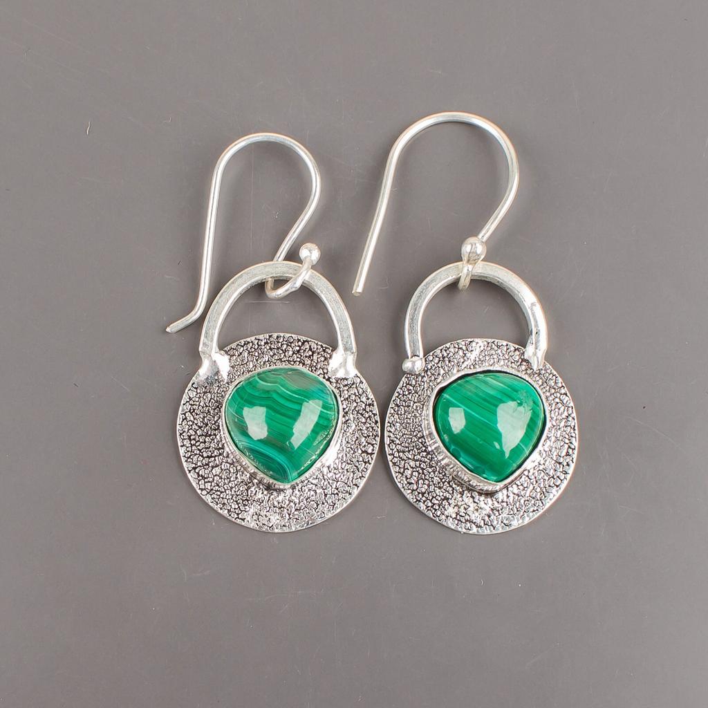 Natural Malachite Gemstone 925 Sterling Silver Handmade Dangle Earrings 1.30" EE-63-29