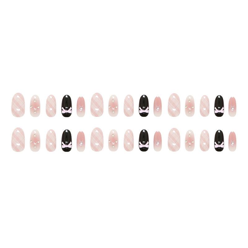 Sweet Pink Bow Blush Glitter Diamond Plaid Girly Versatile Removable Wearable Nails 30 Pieces