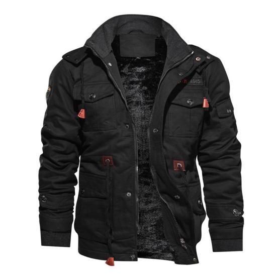 

Winter Men Jacket Plush Lining Multi Pockets Stand Collar Windproof Zipper Hoodie for Outdoor XL чёрный