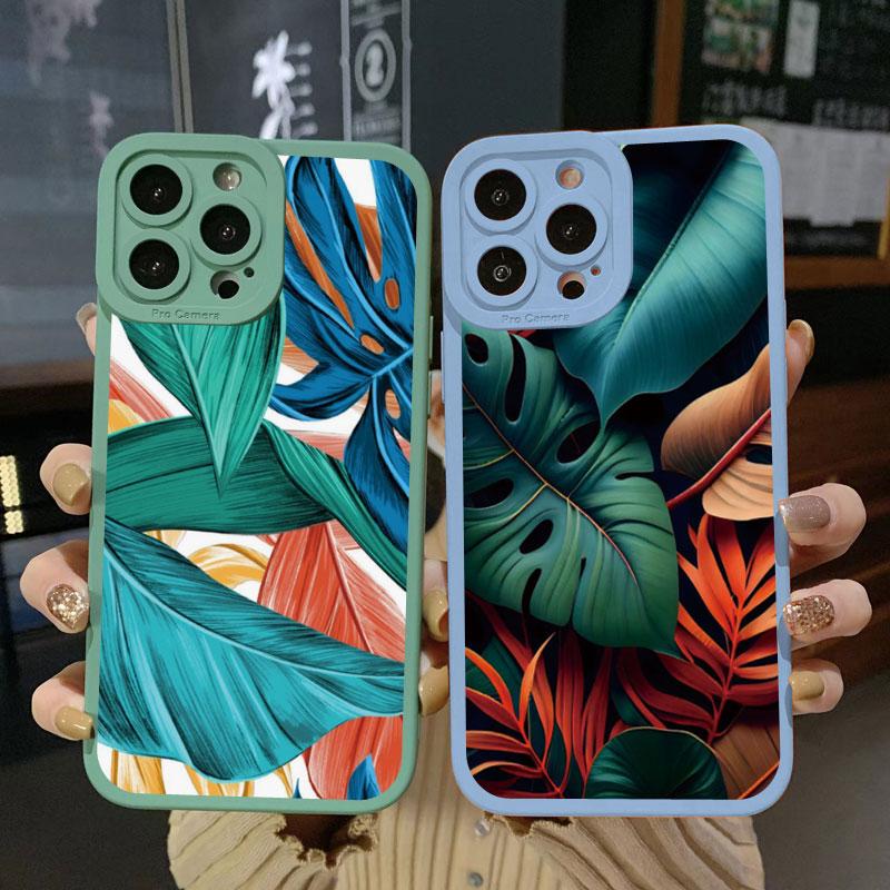 Leaves Monstera Green Case For iPhone 14 Plus 14 13 12 11 Pro Max XR XS X 7 8 Plus SE 2020 Cases Cute Soft Silicone Back Covers