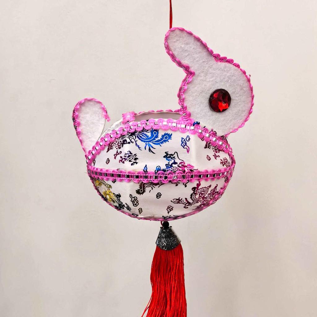Mini Chinese New Year Rabbit Lantern: Colorful Handheld Ancient Style Fabric Lantern with Electronic Light-Up