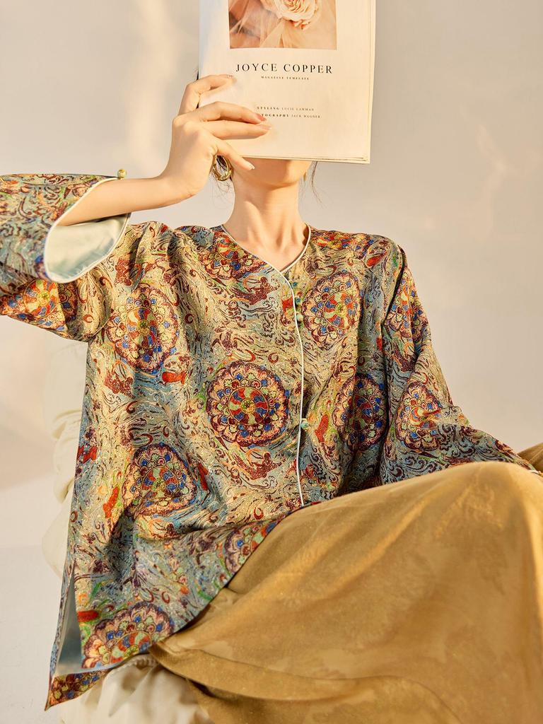 High-End Asymmetrical Embroidered Silk Print Jacket, Chinese Style, Autumn Top N8042