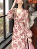 Elegant French Floral Print Cross Strap Dress for Women - Slimming Base Layer in Light Mature Style