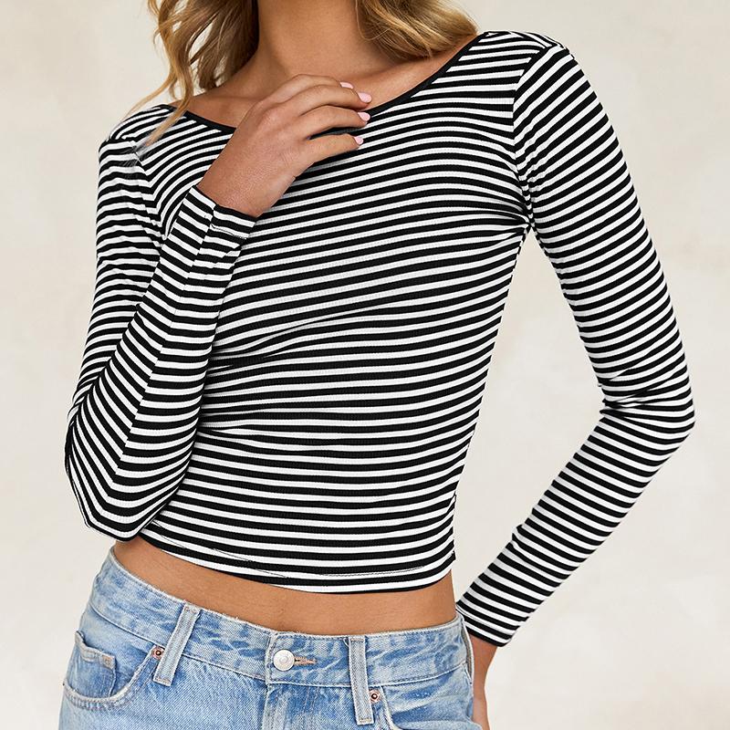 Ladies Spring Autumn Long Sleeve Round Collar Backless Striped Slim Fit Pullover Bare Midriff T Shirt Top