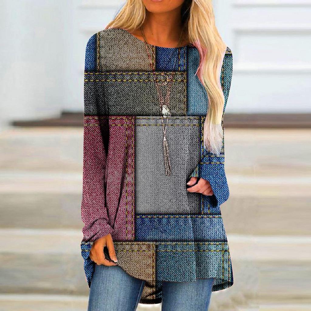 Women's Fashion Casual Irregular Patchwork Color Print Loose Medium Long Long Sleeve Top