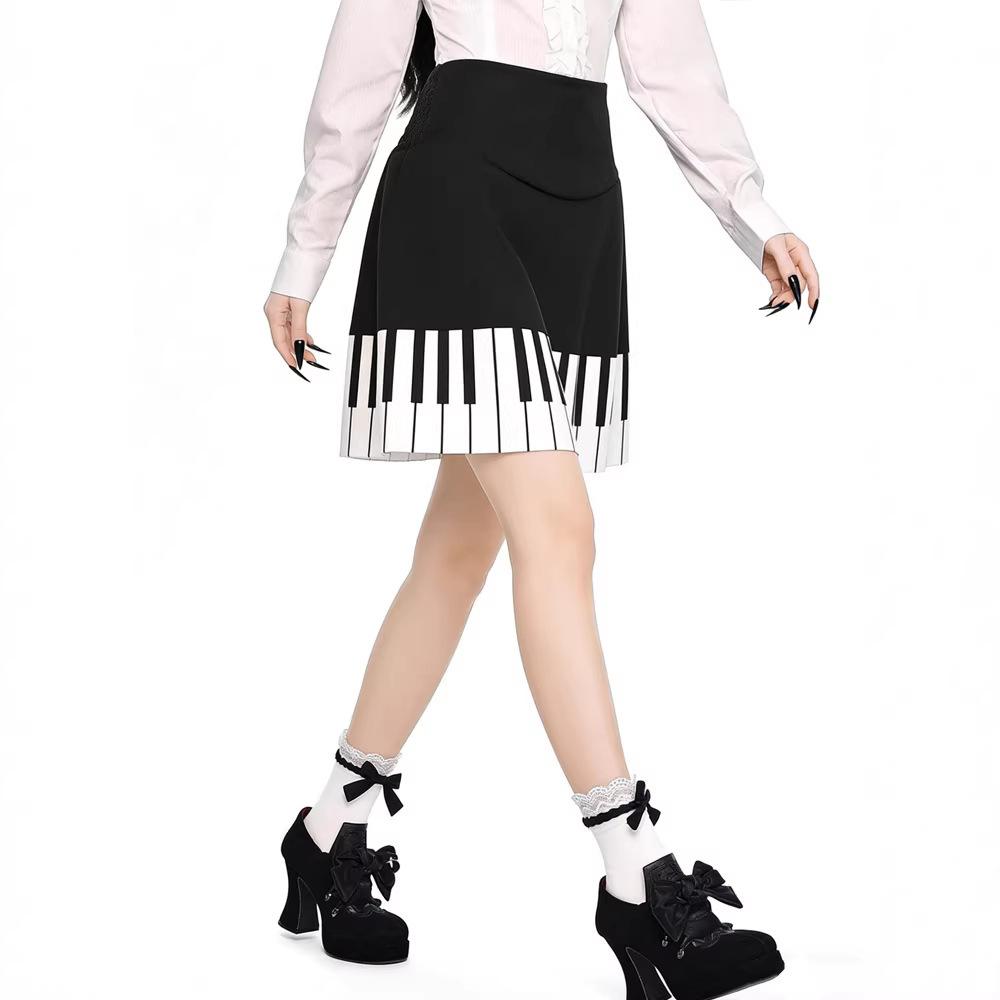 Summer fashion high waist design slim skirt new retro black and white piano casual pleated skirt