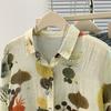Spring Autumn Vintage Floral Printing Long Sleeve Shirt Women Polo-neck All-match Cardigan Blouse Female Top