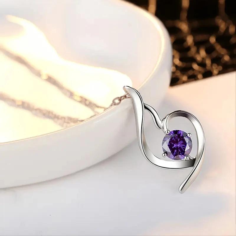 Huitan Charming Purple Pendant Necklace for Women Temperament Elegant Bridal Wedding Neck Accessories Eternity Jewelry