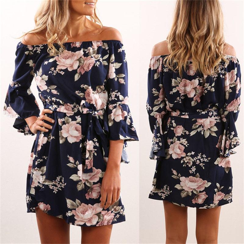 

New Women Fashion Off Shoulder Print Three-Quarter Sleeves Mini Dress Or Top
