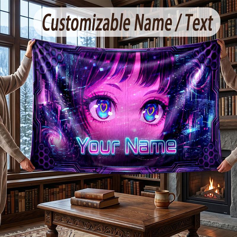 City Cyberpunk Theme Throw Blanket Custom Name Text Personalized Blanket Soft Cozy Blanket for Home Sofa Bed