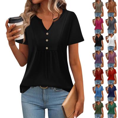 Women's Short Sleeve Tops Summer V-Neck T Shirts Casual Pleated Blouse Loose Print Basic Tee
