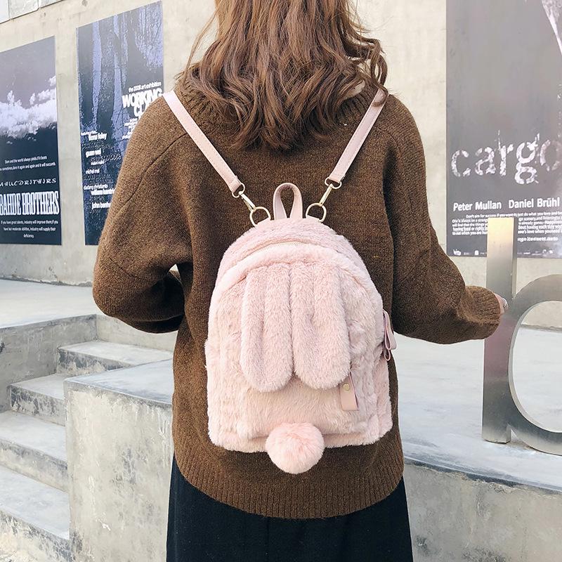 Double-shoulder Bag with Plush Rabbit Ears, Pink, Super Cute and Adorable Schoolbag for Young Girls, Harajuku Style