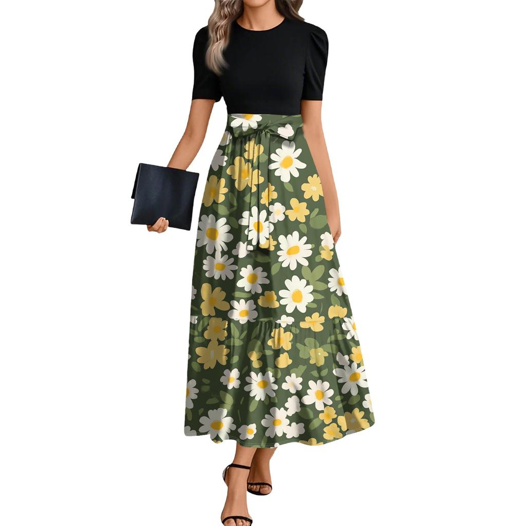 Ladies Fashion Casual Belt Short Sleeve Round Neck Floral Print Splicing Elegant Temperament Dress