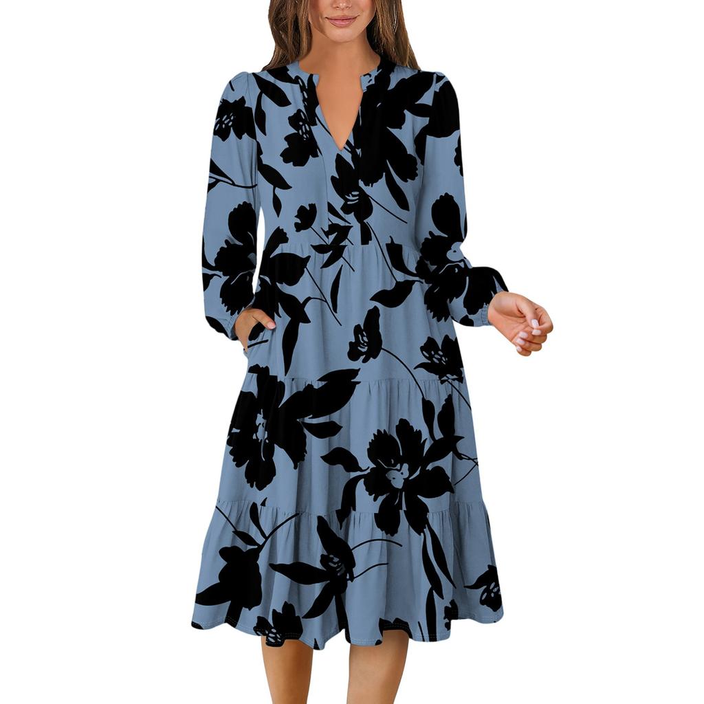 Women's V-Neck Flowing Layered Bohemian Long Sleeve Floral Print Dress