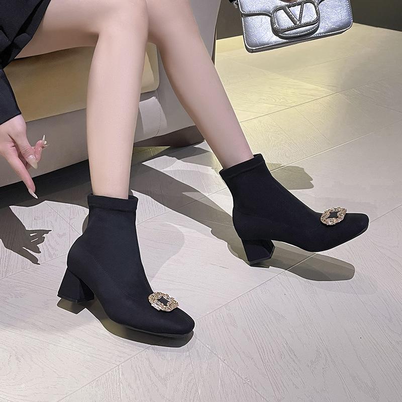 Suede rhinestone square buckle high-heeled elastic boots Korean version thin boots thick heel square head short boots women's autumn and winter sing