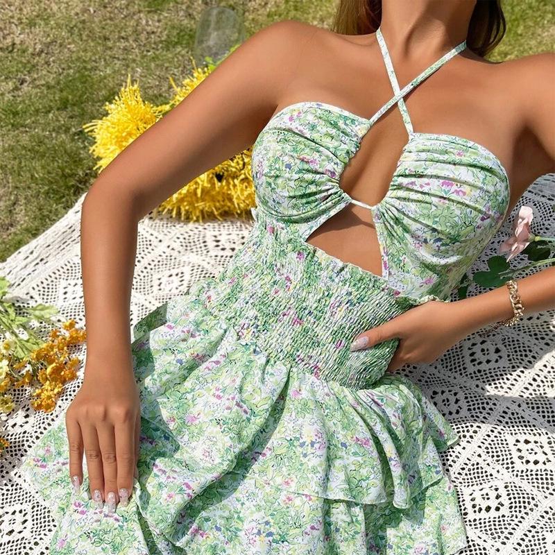Summer 2025 Women's Strapless Floral Tie-Up Spaghetti Strap Mini Dress