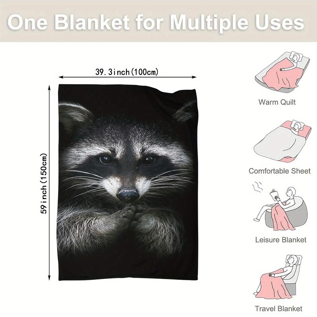 1pc Raccoon Animal Pattern Flannel Blanket, Warm Cozy Soft Throw Blanket For Couch Bed Sofa Camping