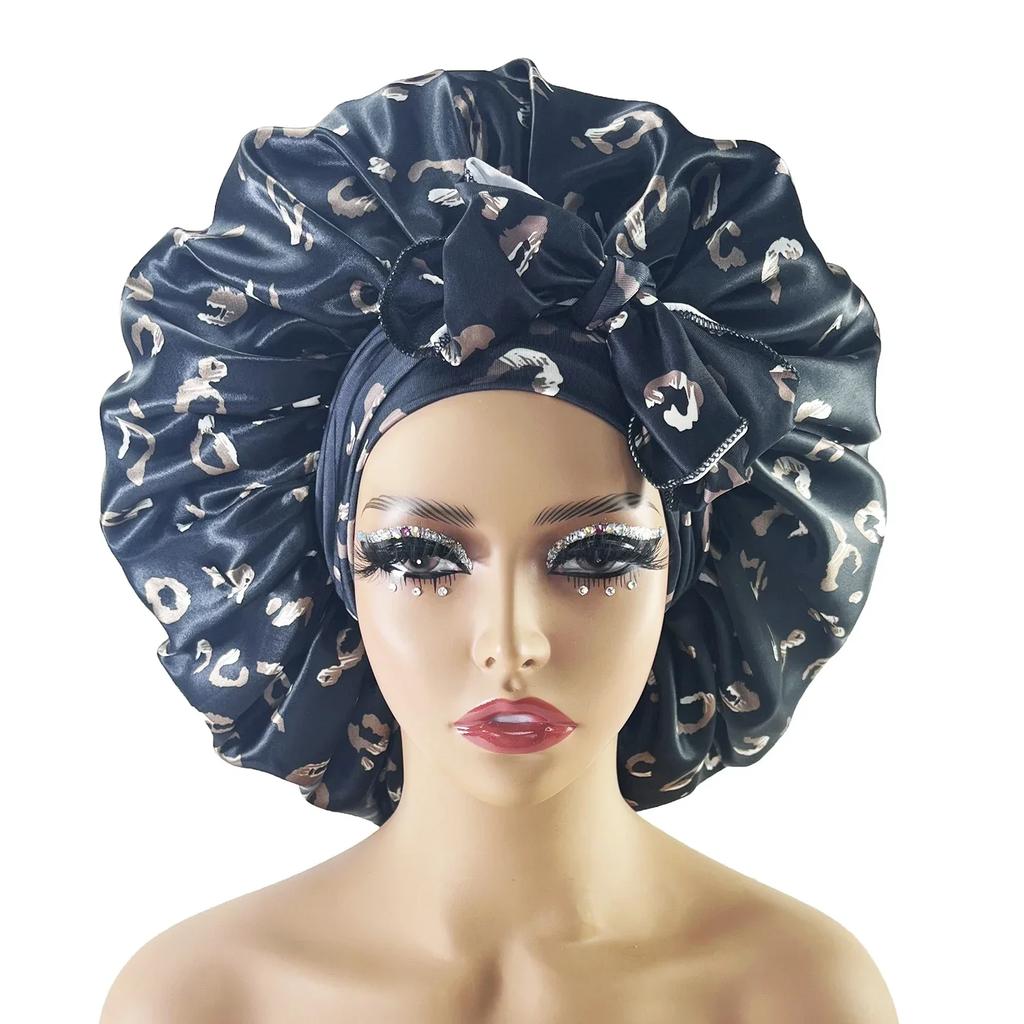 New Large Satin Bonnet Silk Night Sleeping Cap with Head Tie Band Bonnet Edge Wrap for Women Curly Braid Hair