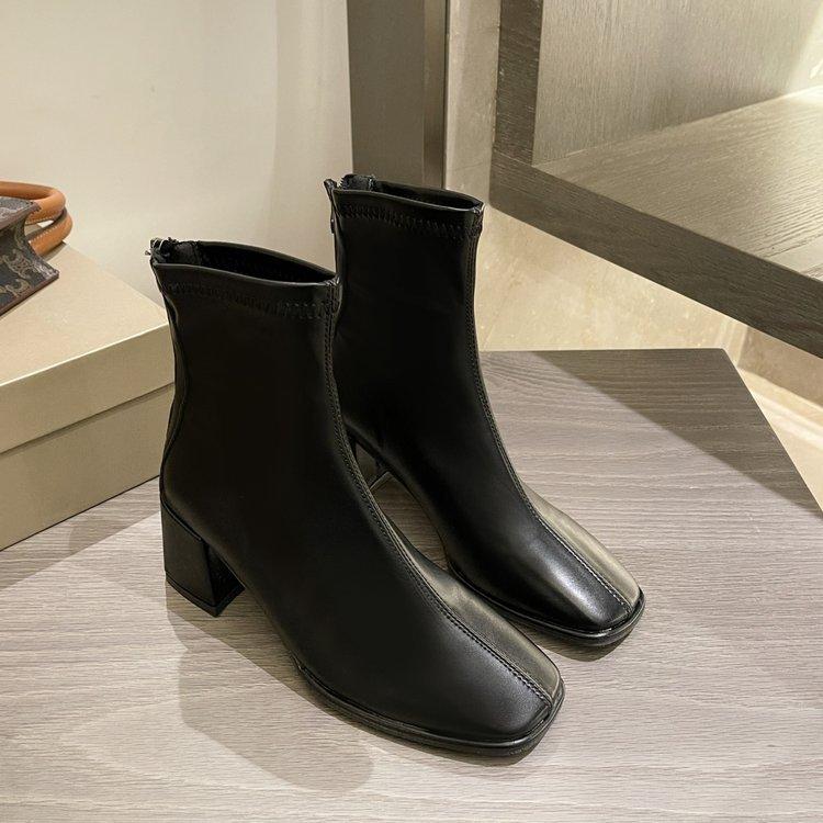 Retro Short Boots Women's Autumn New Square Head Thick Heel Fashion Boots Rear Zipper High Heel Thin Boots