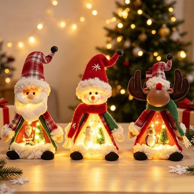 Holiday Display Figurine With Warm LED Glowing, Soft Fabric Christmas Tabletop Decors, Santa Snowman Deer Doll for Shelves, Mantels, and Counters