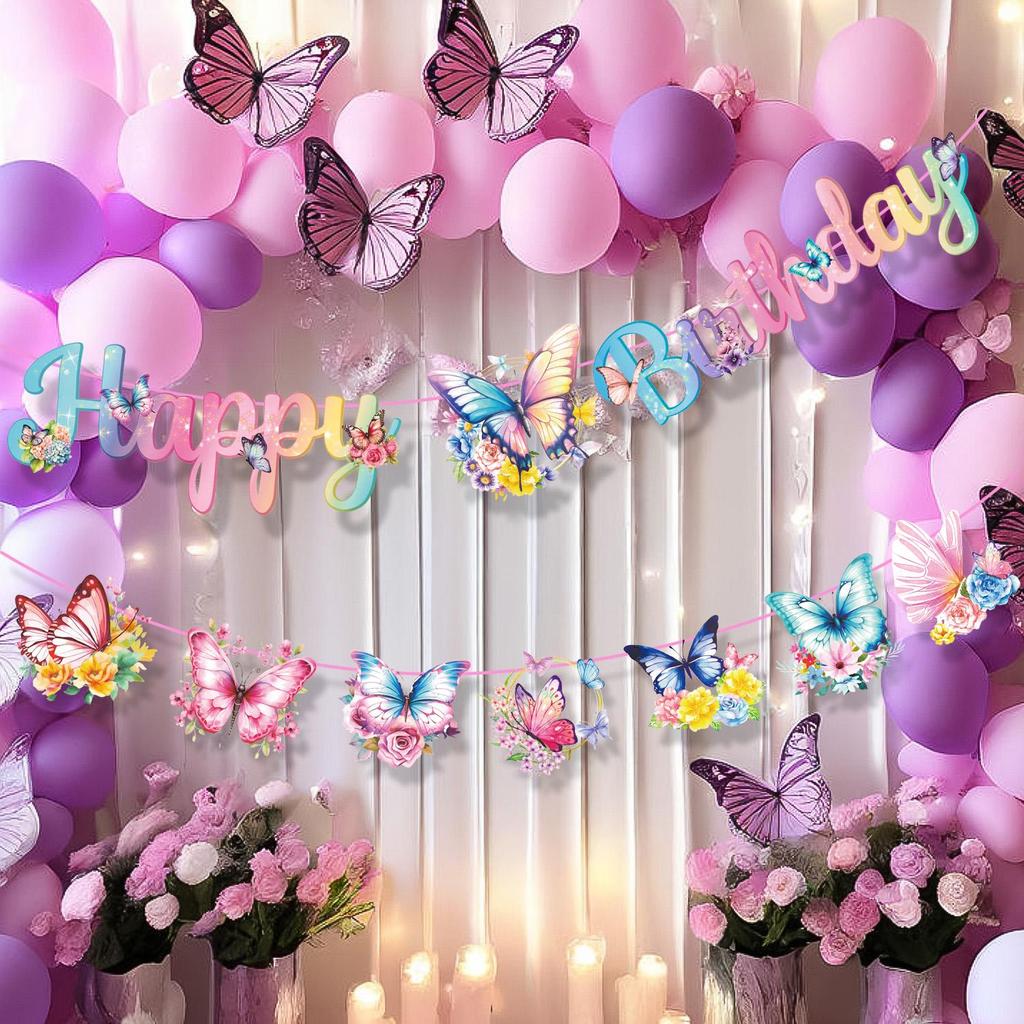 Butterfly Birthday Party Supplies, Butterfly Plates and Napkins Party Supplies-Butterfly Party Plates Cups Tablecloth&Butterfly Birthday Decors Banner