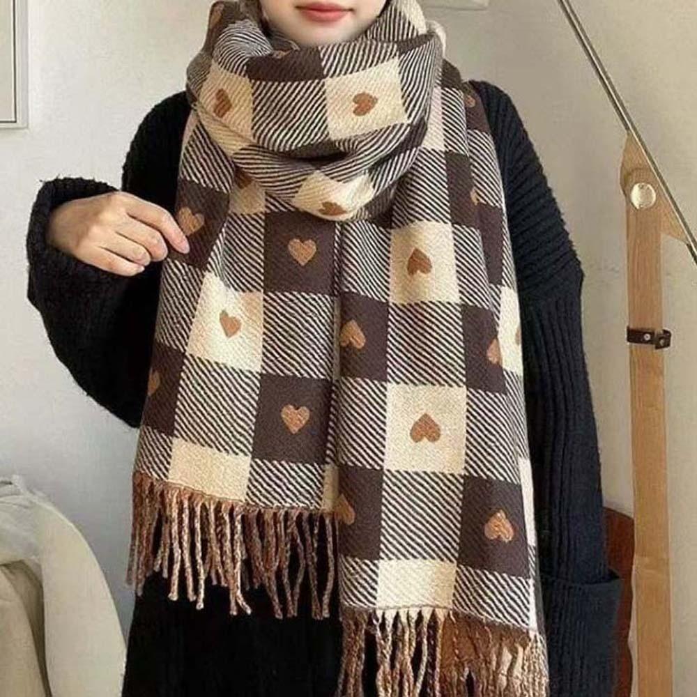 Warmer Plaid Knitted Scarf Long Tassel Shawl Gifts Heart Thickened Scarf  Spring
