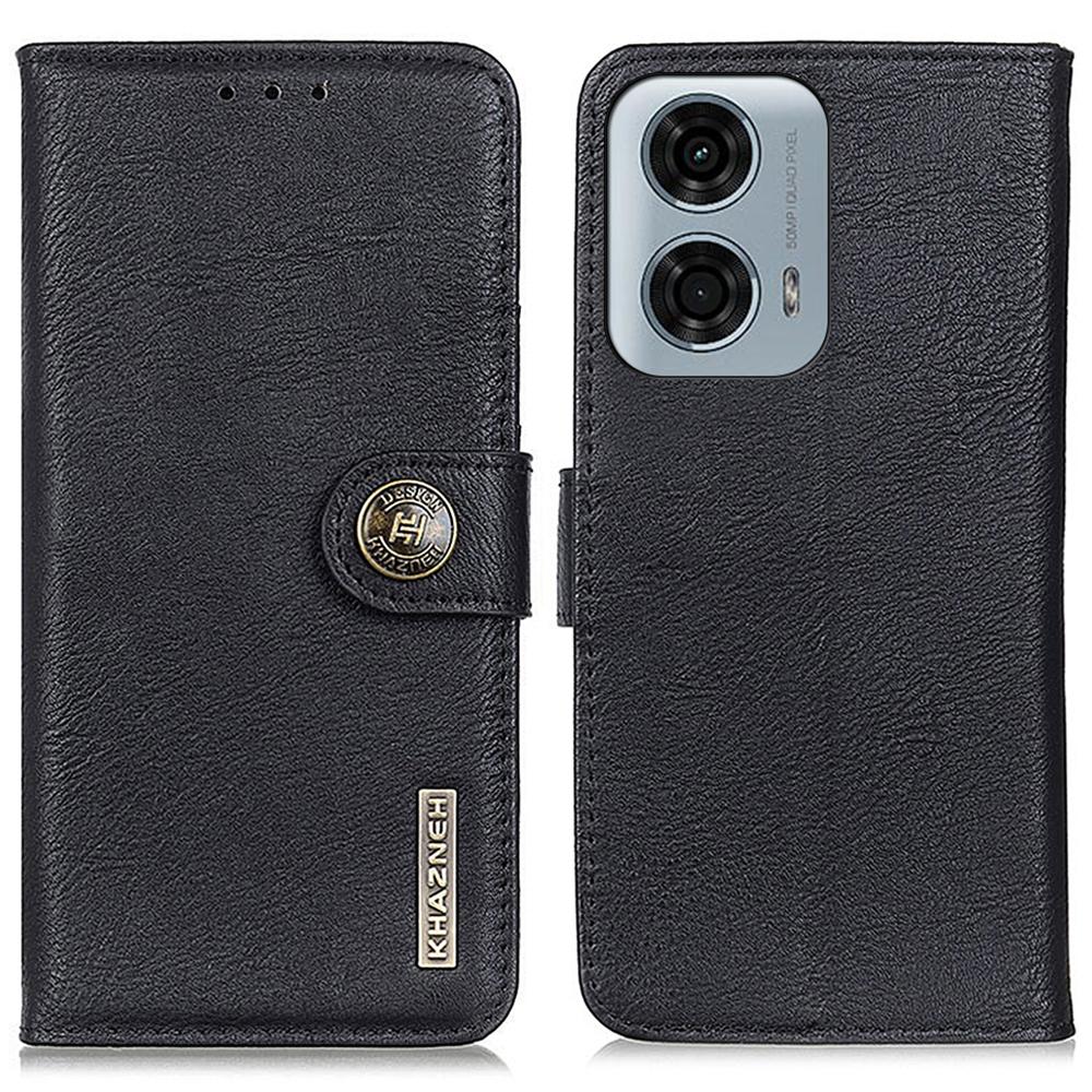 

KHAZNEH For Motorola Moto E14 4G/G04 4G/G04s 4G/G24 4G Phone Case Leather Wallet Cowhide Texture Cover Black