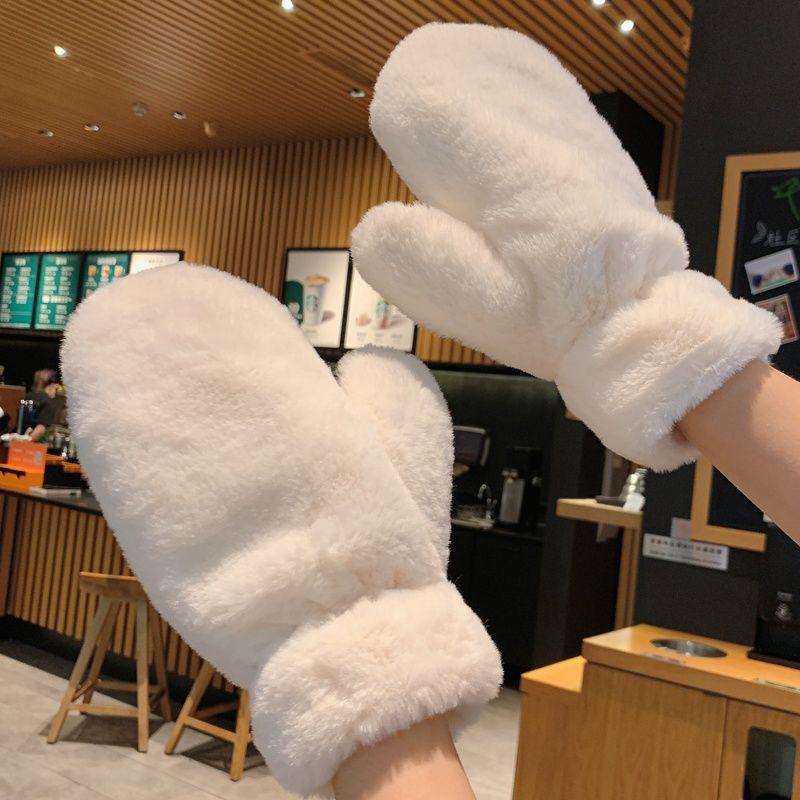 Winter Cartoon Korean Style Plush Lined Cycling Gloves with Lanyard for Students
