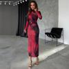 Damen Langarm Midi Kleid Rundhals Mittlere Taille Elegant Batik Muster Enganliegend Bleistiftkleid