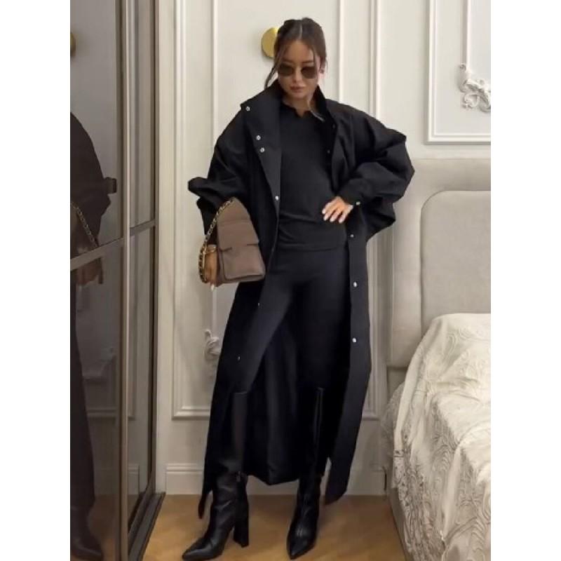 Womens Casual Long Trench Coat Fall Single-Breasted Loose Relaxed Fit Stand Collar Outerwear