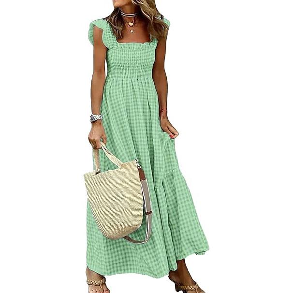 Women's Summer Retro Long Dress Spaghetti Strap Square Neck Plaid Maxi Dress Loose Big Swing Elegant Dress