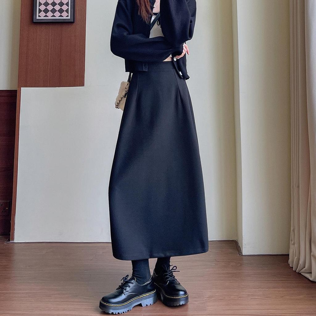 Khaki Wool High-Waist Slimming Midi Skirt for Women - A-Line, Hip-Hugging, Spring/Autumn 2026