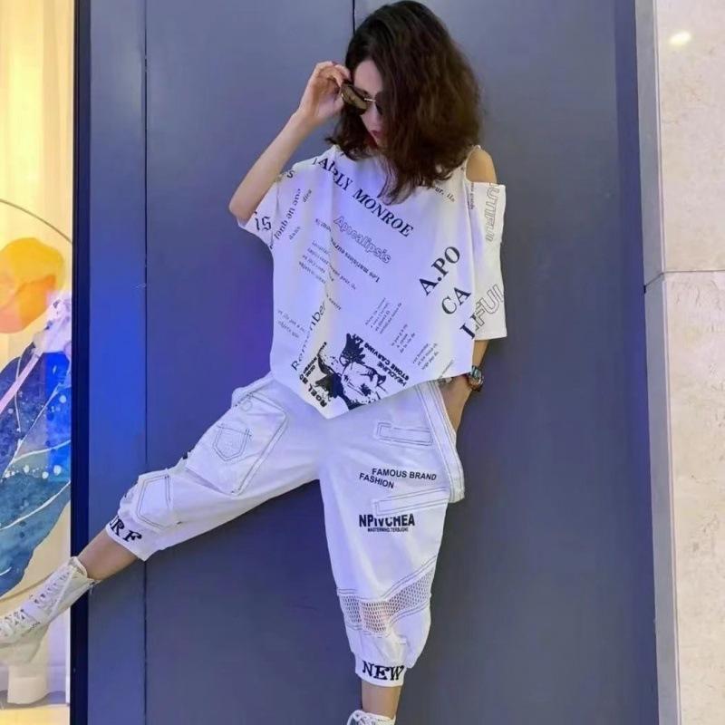 Women's Summer Irregular Looses Printed Letters Suit Short-sleeved + Seven Pant Two-piece Set