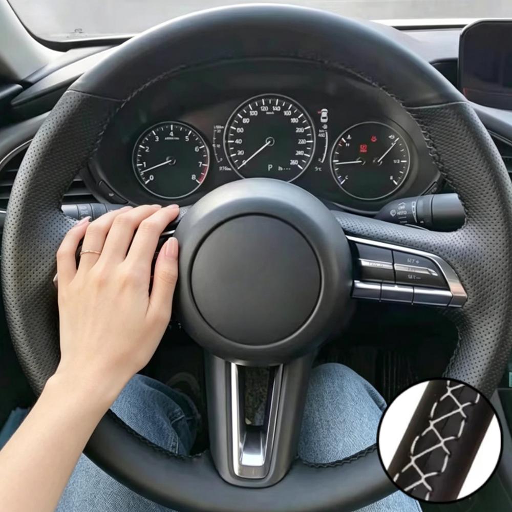 Hand Stitched Wear Resistant Perforated Non-slip Microfiber Leather Steering Wheel Cover For Mazda 3 CX-30 CX30 2020-2023