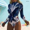 Women Plus Size High Neck Front Zip Long Sleeve One Piece Firework Printed Swimsuit Dark Navy