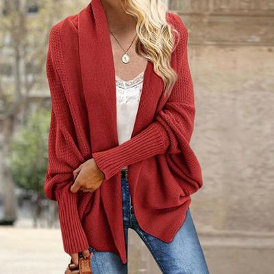 Damen Strickjacke, kragenlos, Fledermausärmel, lange Ärmel, vorne offen, Strickmantel, elastische Bündchen, einfarbig, lockere Passform