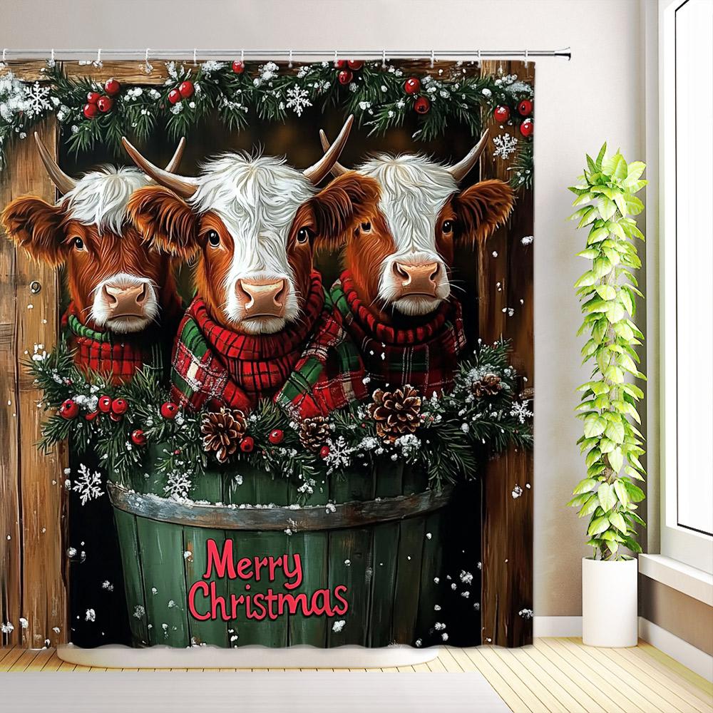 Cute Blue Snowman Christmas Shower Curtains Santa Claus Winter Snow Scenery Forest Cedar Reindeer Xmas Bathroom Decor With Hooks