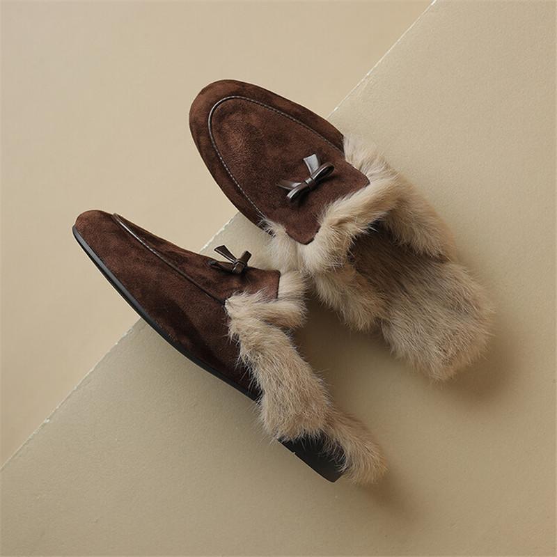 Fashion 2025 Winter Sheep Suede Women Shoes Rabbit Hair Mules Shoes for Women Round Toe Slippers Chunky Heel Cover Toe Slippers Shoes