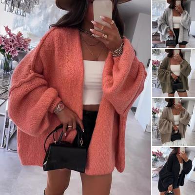Cárdigan de Punto para Mujer Manga Larga Farol Color Sólido Oversize Cárdigan Tejido Frente Abierto