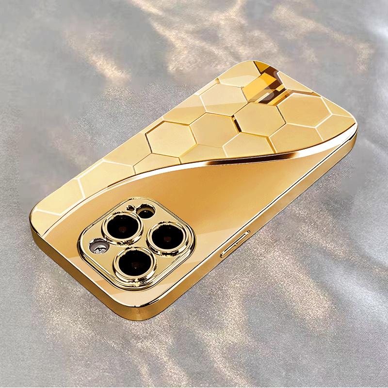 Premium Ultra-Thin Gold-Plated Honeycomb Design Tempered Glass Phone Case for iPhone 17 16 15 14 13 12 11 etc