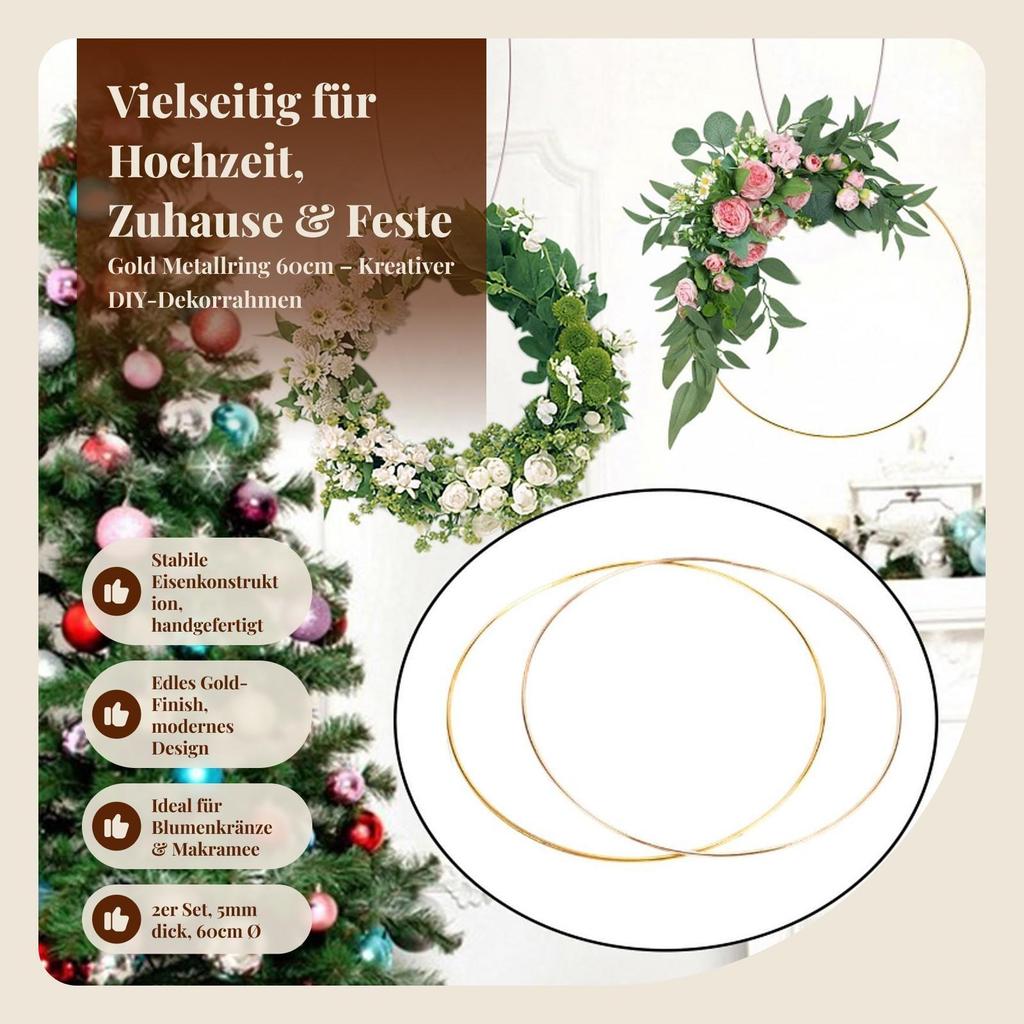 Metal Gold Floral Hoop Handmade Round Wreath Frame Large Circle Rings for Party Wedding and Home Decoration