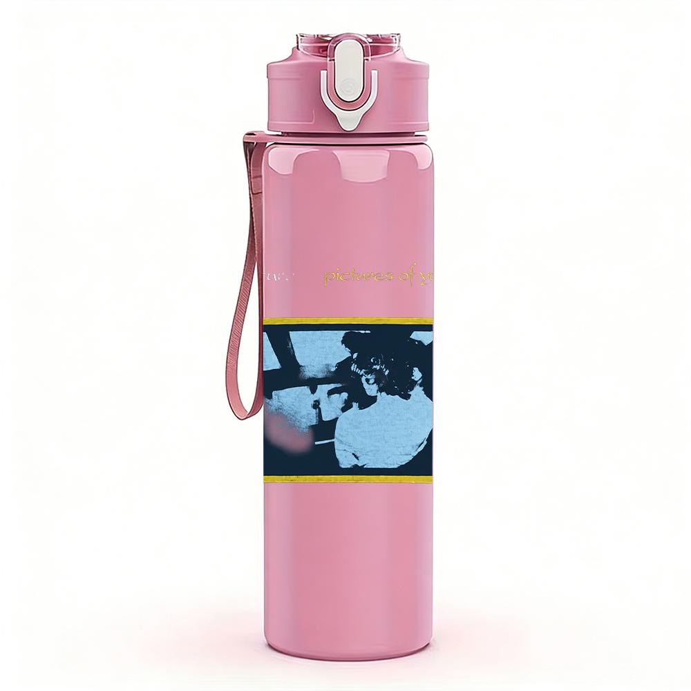 1PC Blue rectangular band album cover print 750ml colorful plastic sports water bottle leakproof pop up lid with straw for outdoor work home use