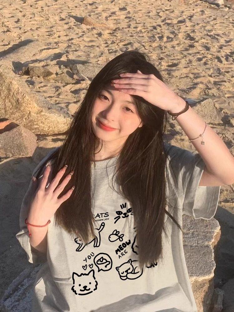Korean Style Plus Size Cartoon Print Short Sleeve Women's Summer Loose Fit T-shirt