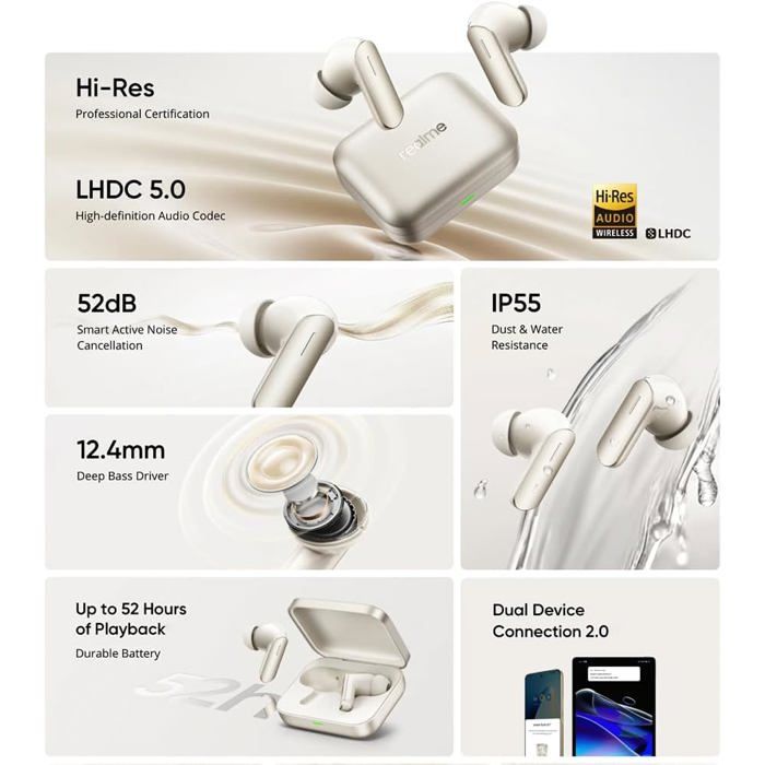 Écouteurs Sans Fil - REALME - Buds Air 7 - Hi-Res Audio - Suppression De Bruit 52dB - Autonomie 52h