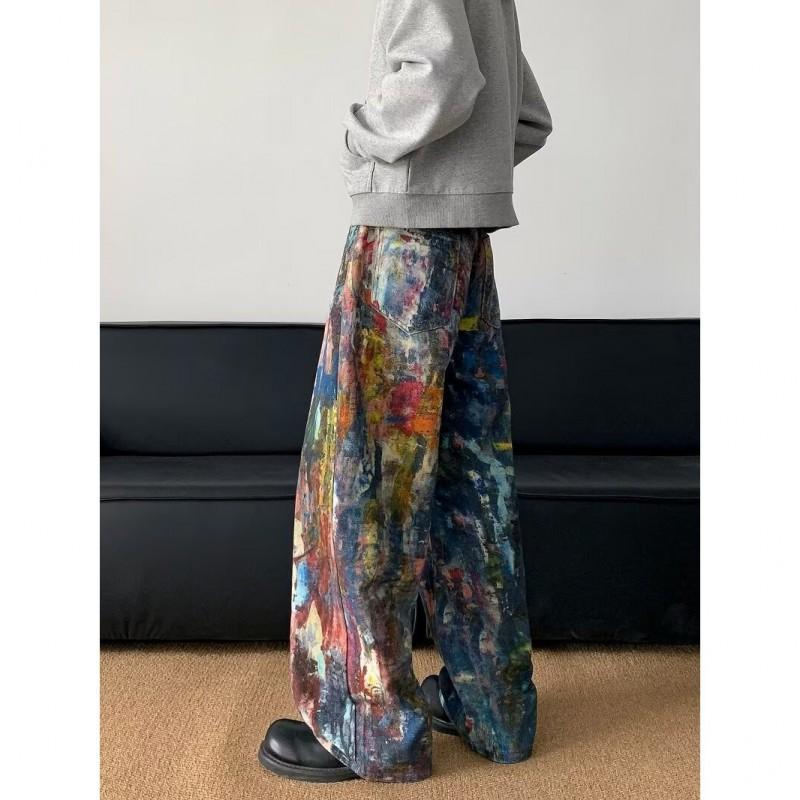 Mens Straight Fit Denim Pants With Hand-Painted Graffiti Art Mid-Rise Cotton Jeans Casual Wear