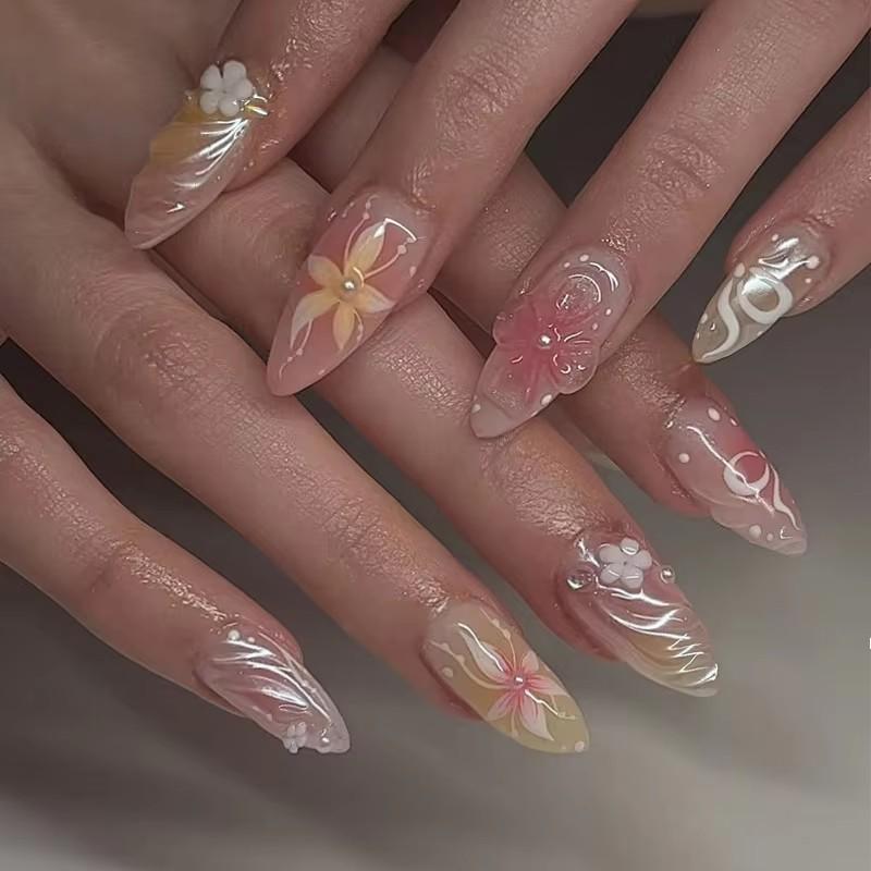 24pcs Blue Ocean Fake Nails Beach Shells Pearl Diamond Design False Nail Tips Korean Sweet Girls Wearable Almond Press On Nails