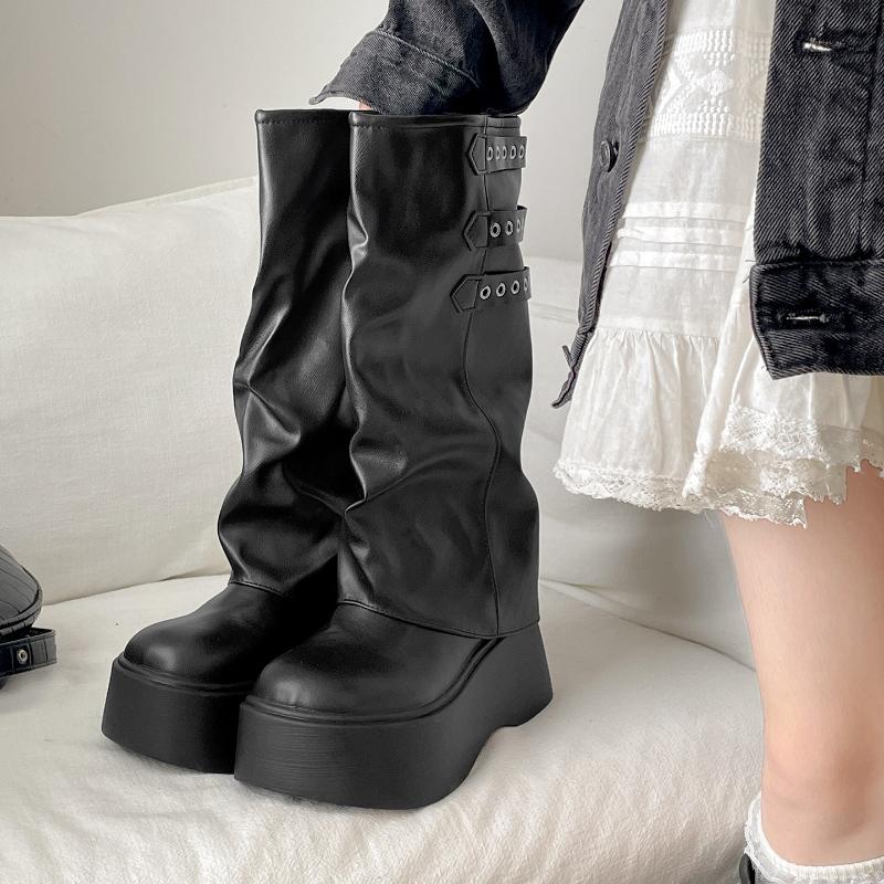 

Мода Панк Стиль Женские Брюки Ноги Длинные Сапоги Мода Женские Толстая Подошва До Колена Ботильоны Zapatos De Mujer 40 чёрный