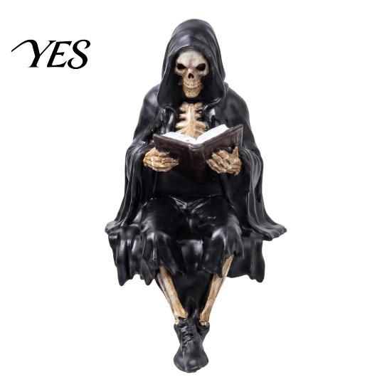 Scultura Diavolo Lettore Halloween Scheletro Statuetta Libro, Scultura Resina Spettrale, Ornamento Gotico Statua Mietitore con Veste Nera per Casa Ufficio